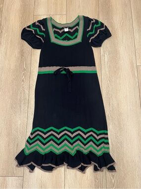 Nanette Lepore Navy Women’s Knit Dress with Green and Tan Chevron Trim Sz S